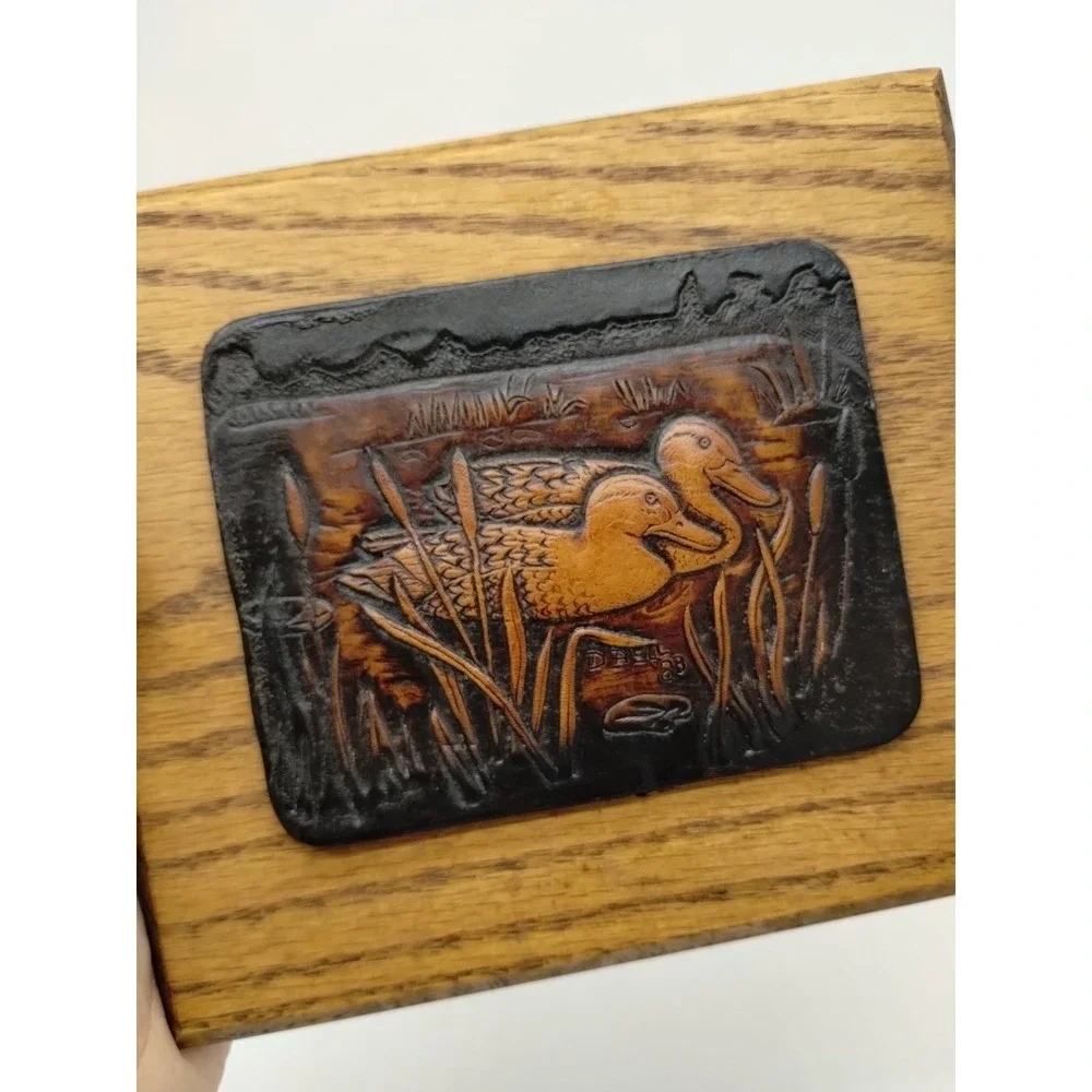 Wisconsin Woods Leather Ducks Mounted On Wood Plaque Signed 7